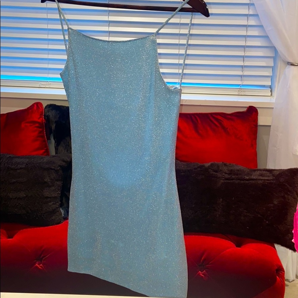 Sheer baby blue backless mini dress